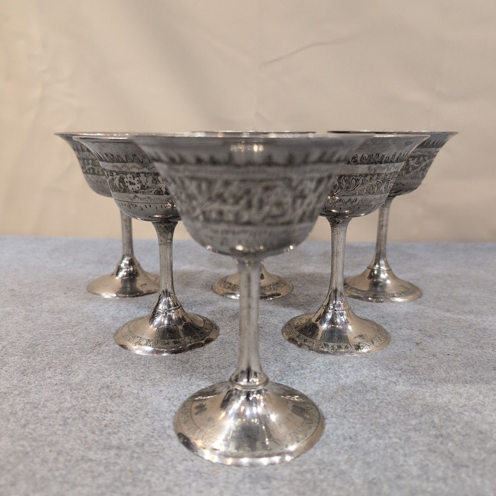 Worldgift India Etched Silver Tone Metal Cordial Goblets Set of 6 Floral Stems - Picture 7 of 7